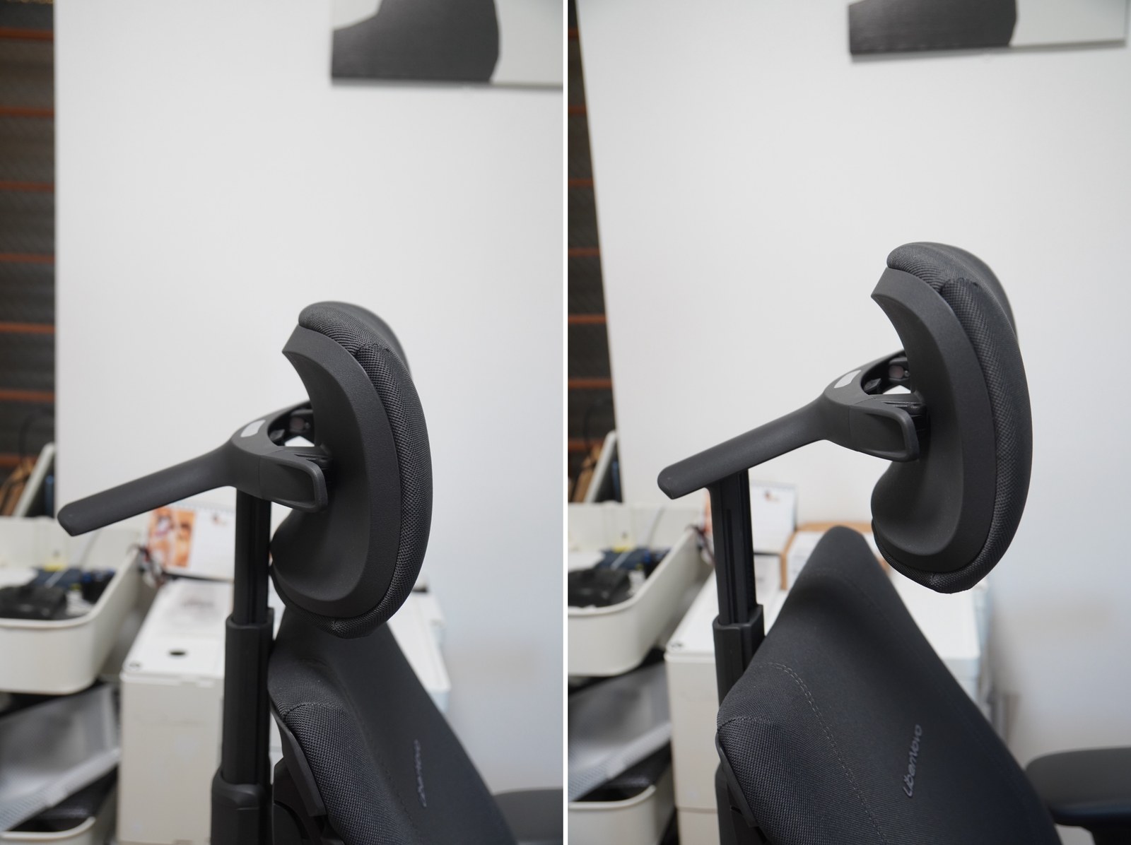 LiberNovo Omni Pro のヘッドレストを前後にずらした状態の比較。支柱とパッドの位置関係が変わる