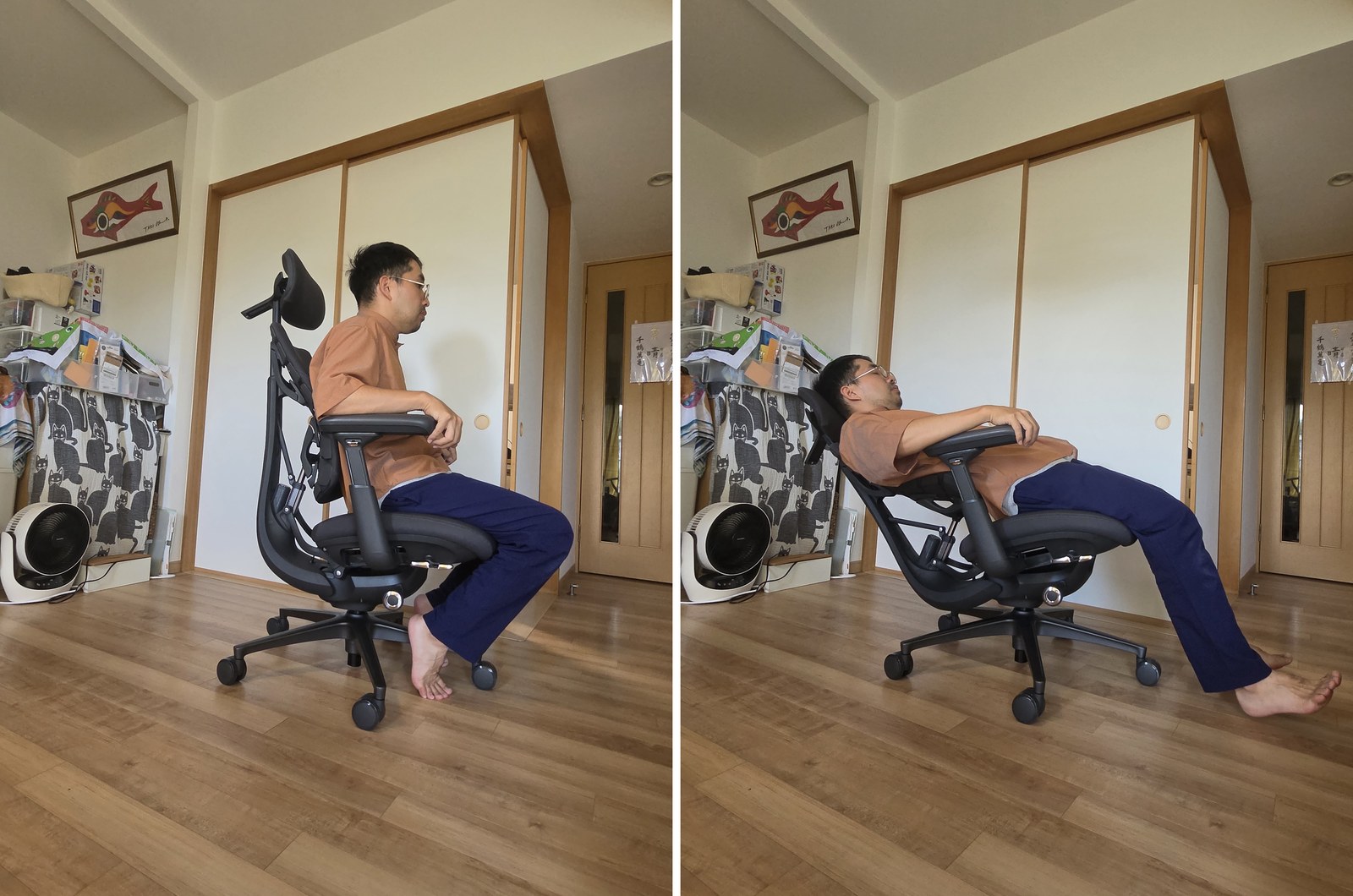 左:背もたれを起こして座った状態。右:最大付近まで倒して体を預けた状態