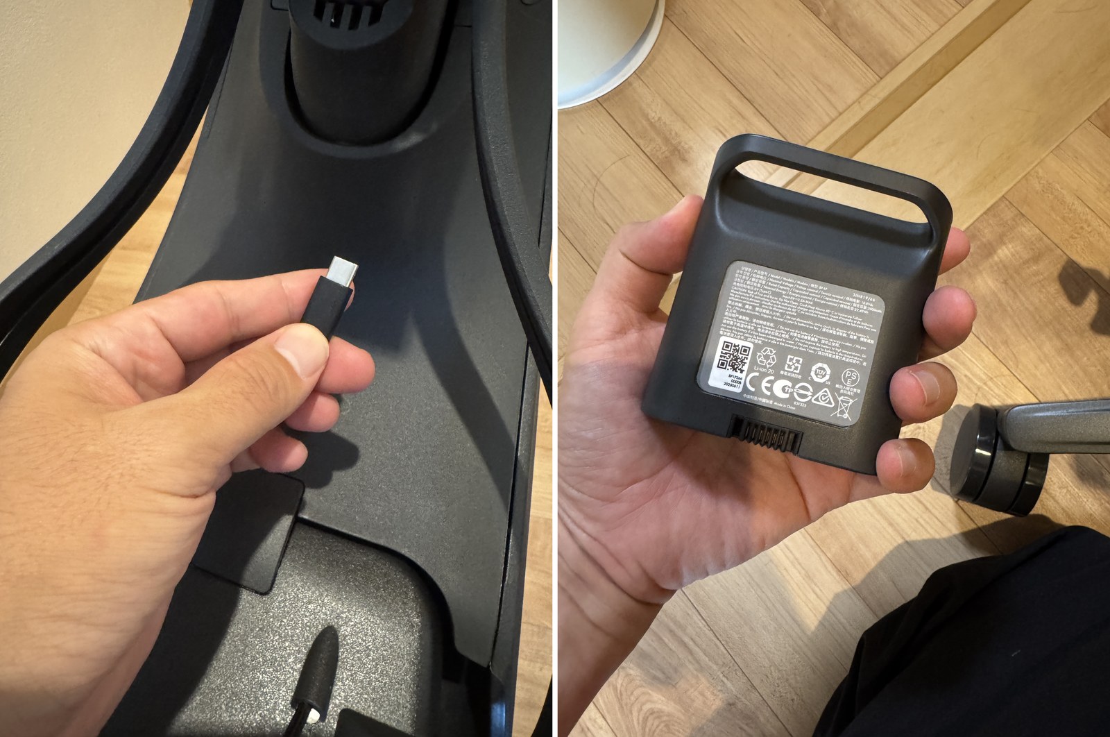 左：座面裏のUSB Type-C端子。バッテリー充電用。右：取り外したバッテリー本体