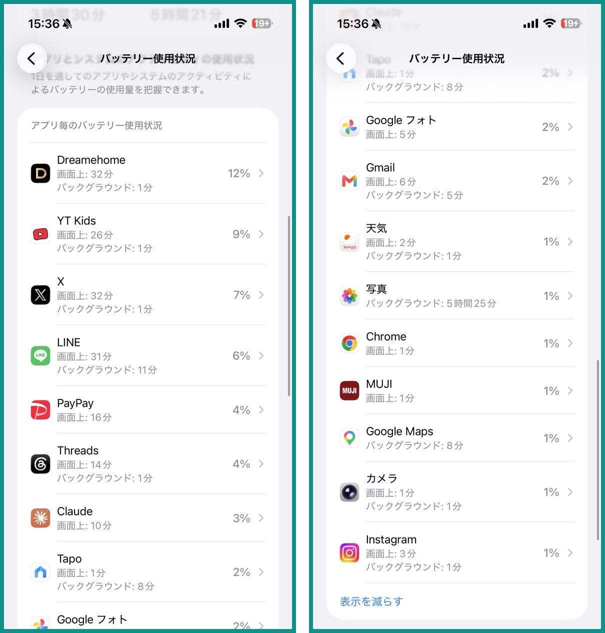 外出した日のiPhoneのバッテリー使用状況。1%まで全アプリを表示してもOuraの名前がない