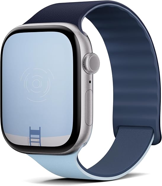 MOFT Apple Watchバンド ActiveのディープブルーとミストブルーをApple Watchに付けた商品画像。濃い紺のバンドの内側に細かな段々があり、下側に水色のバンドがのぞいている