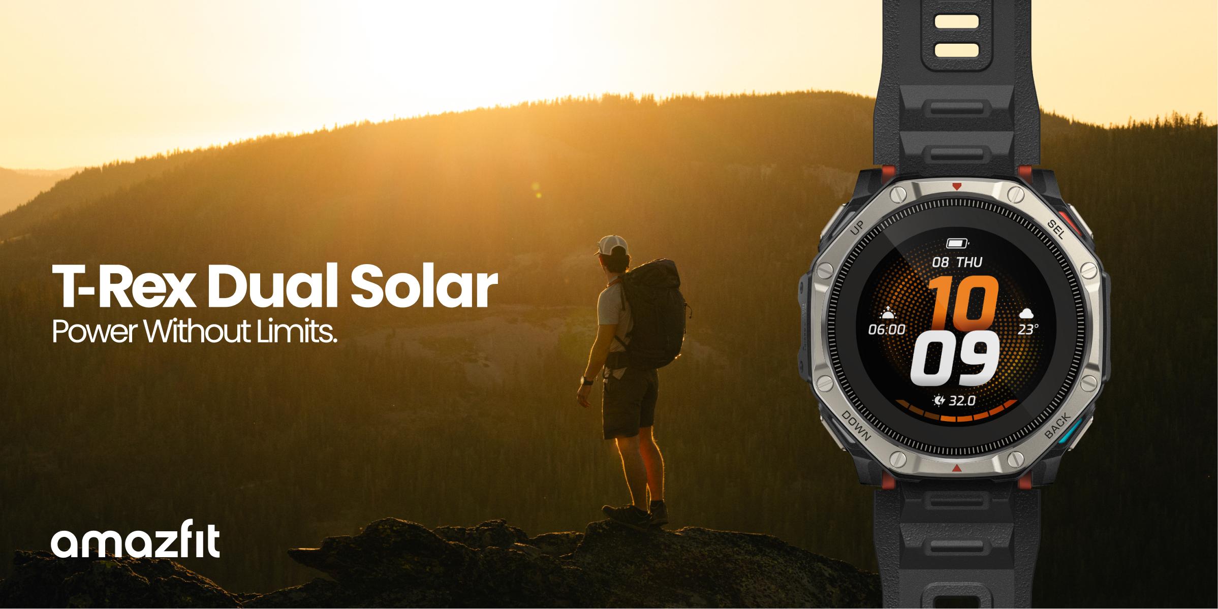 Amazfit T-Rex Dual Solarのキービジュアル。夕日の稜線に立つ登山者の右に、チタン調ベゼルの丸型スマートウォッチが大きく配置され、画面に10:09と気温23度が表示されている