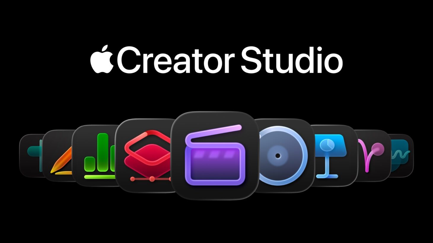 黒背景に「Apple Creator Studio」のロゴと、Final Cut ProやKeynote、Numbersなど同サブスクリプションに含まれるアプリのアイコンが横一列に並んだイメージ