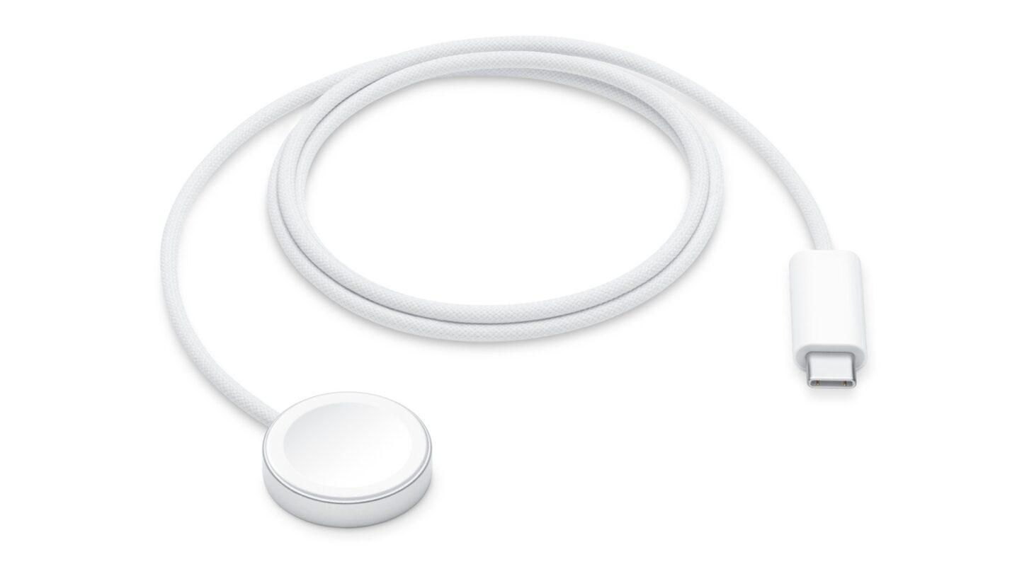 白い編み込みケーブルの先に円形の充電部とUSB-Cコネクタが付いた、Apple Watch磁気高速充電 - USB-Cケーブル(1 m)