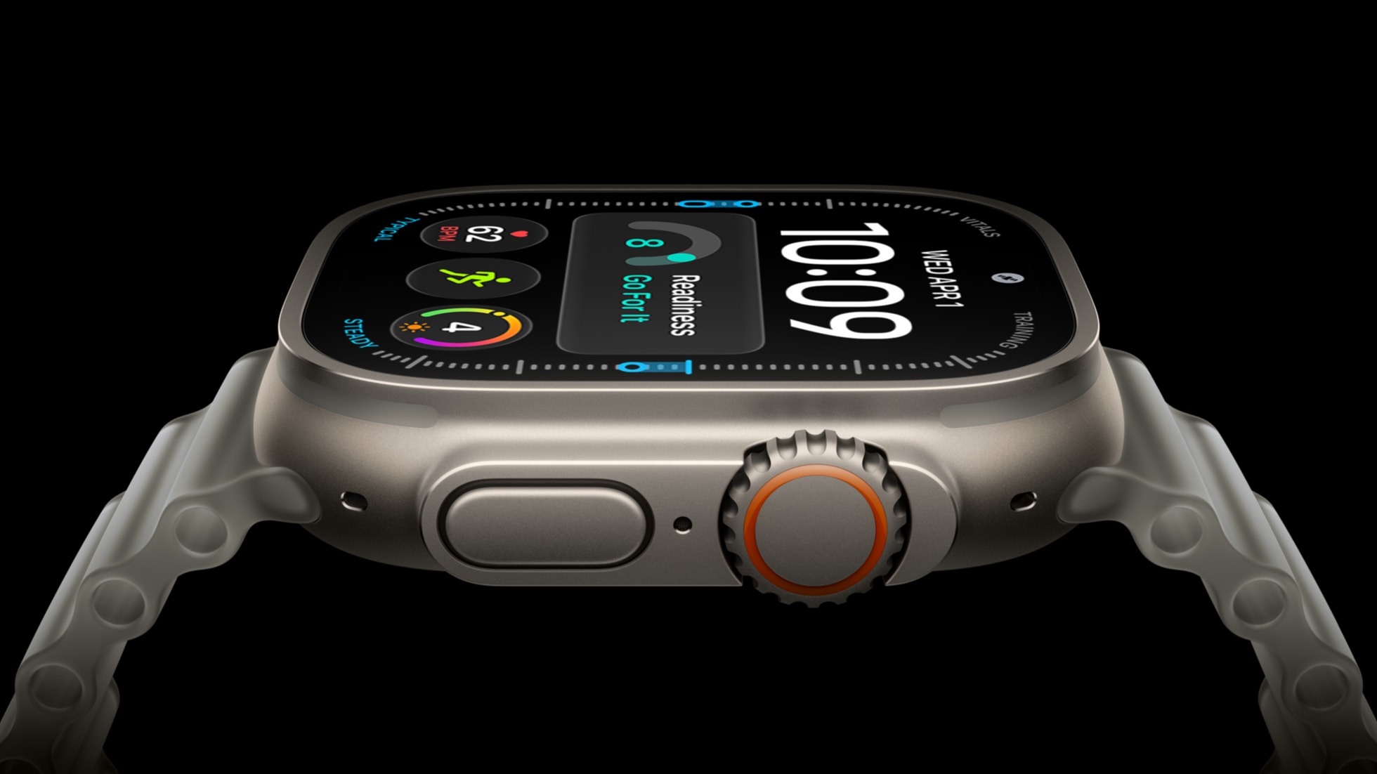 ナチュラルチタニウムのケースに半透明のオーシャンバンドを組み合わせたApple Watch Ultra 4を側面から見たところ