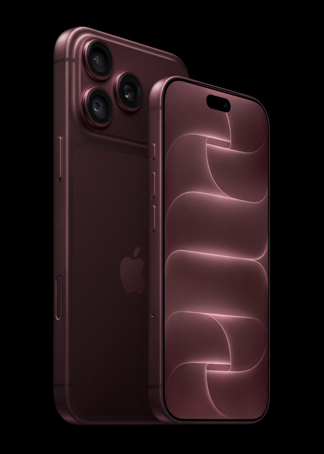 新色バーガンディのiPhone 18 Pro 2台。1台は背面のカメラ、もう1台は前面のディスプレイを見せている