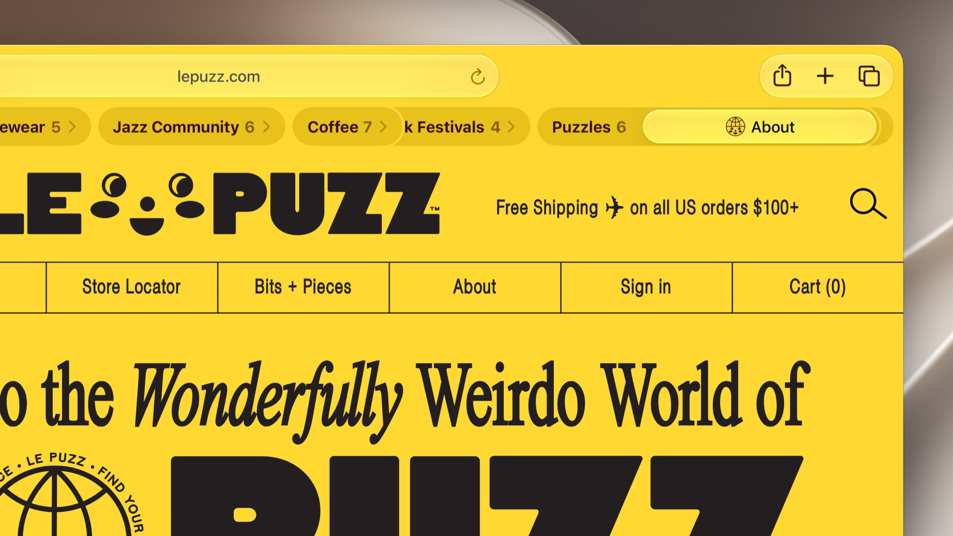 Safariのタブバーに、Jazz Community 6・Coffee 7・Puzzles 6のようにテーマごとにまとめられたタブグループが並んでいる