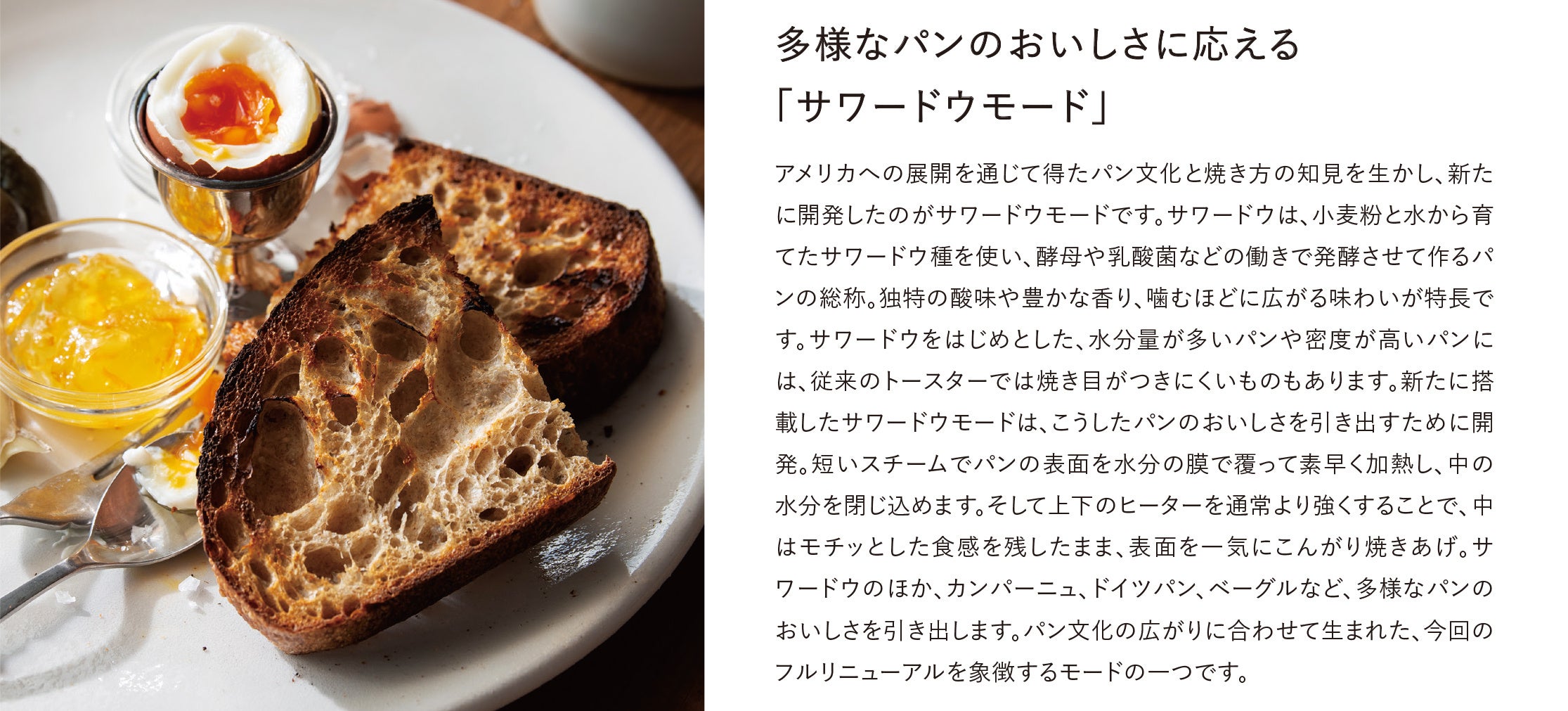 BALMUDA The Toasterの新しいサワードウモードで焼いたサワードウのトーストと、モードの解説