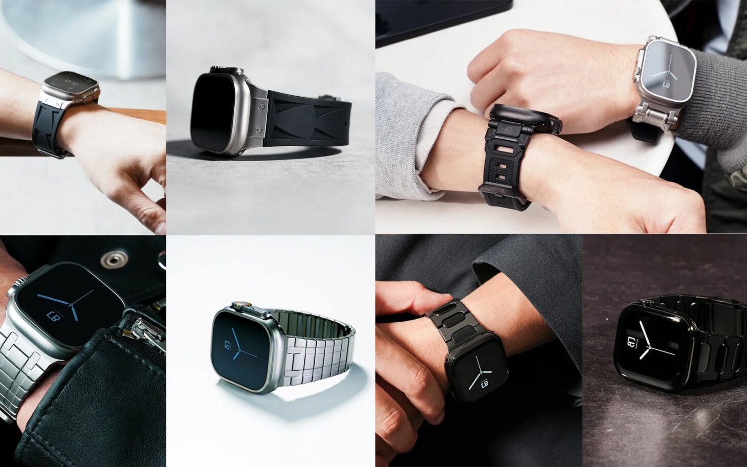 メタル、シリコン、レザーなど素材の異なるApple Watchバンドを装着した手元と製品カットを並べた画像