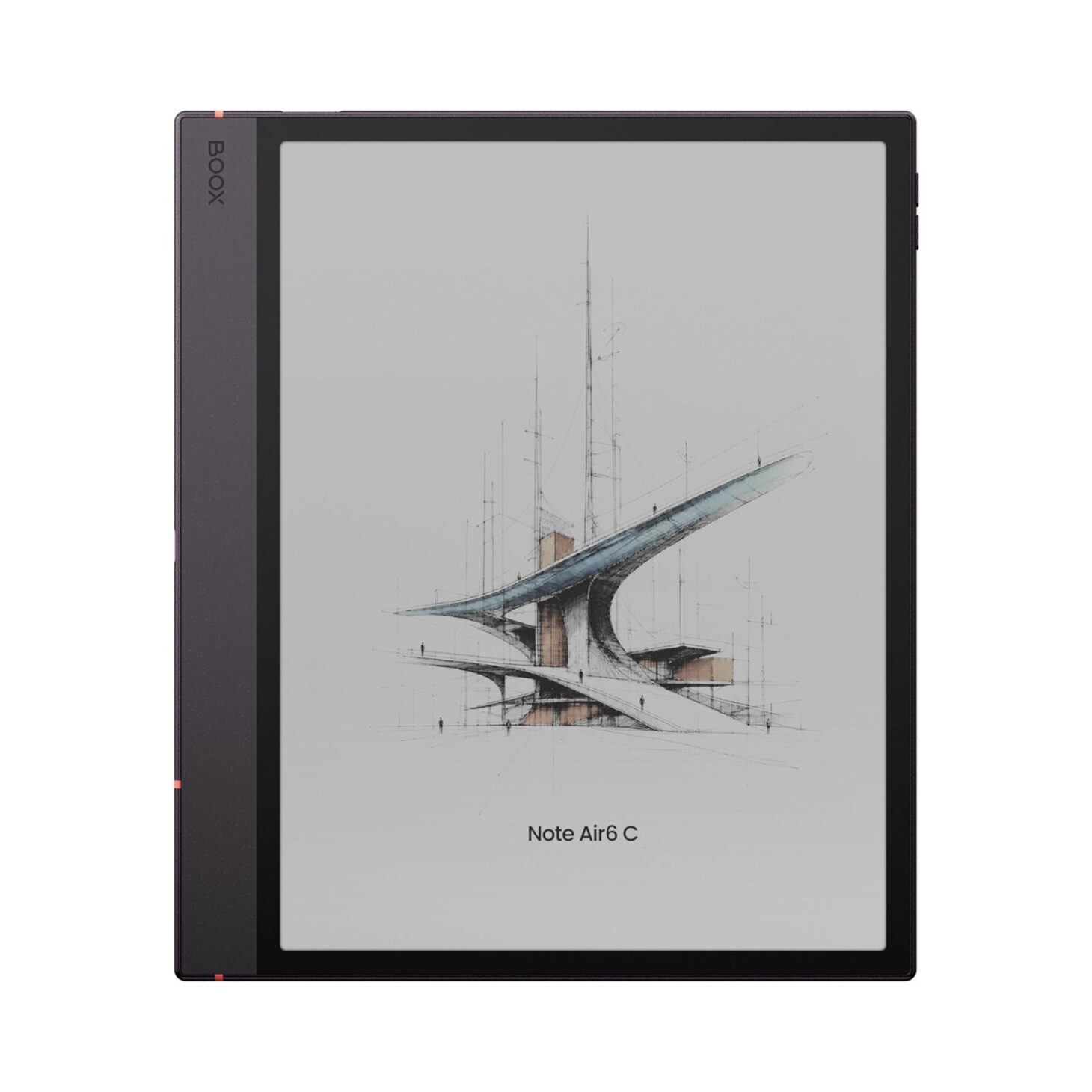 カラー電子ペーパーノート「BOOX NoteAir6C」の本体正面。10.3インチ画面に建築のスケッチが表示されている