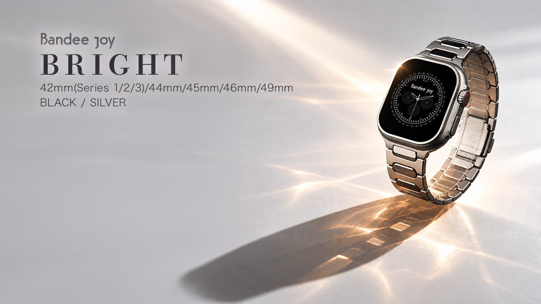 Apple Watchに装着したBandee Joy「BRIGHT」シルバーモデルのキービジュアル。対応サイズとカラー展開が記されている
