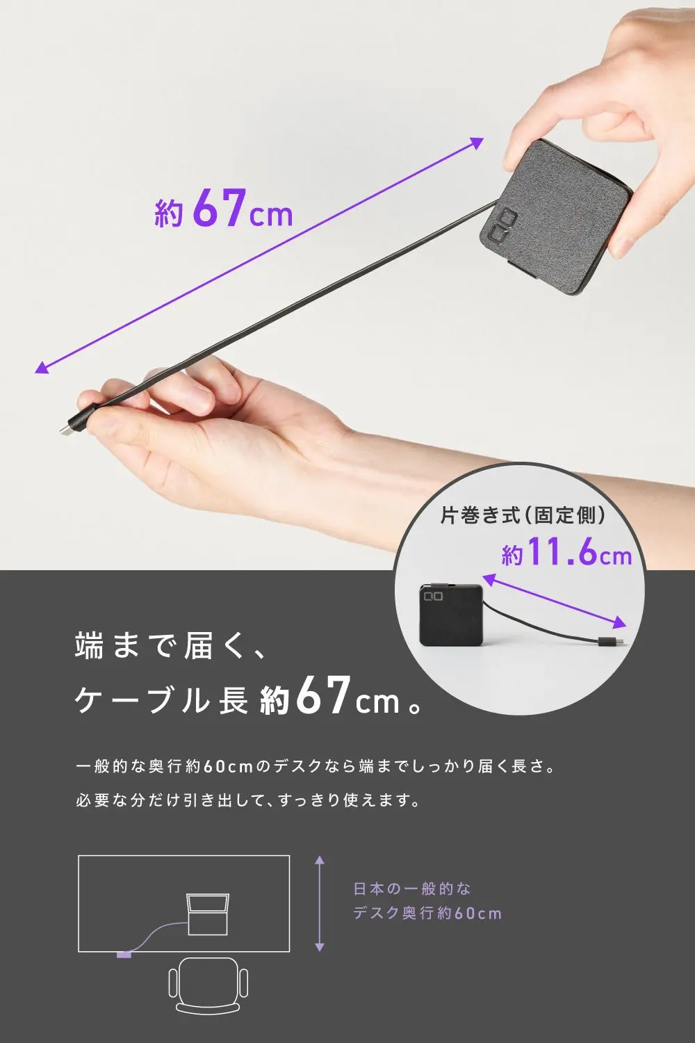 リール側約67cm、固定側約11.6cmというケーブル長を示した画像