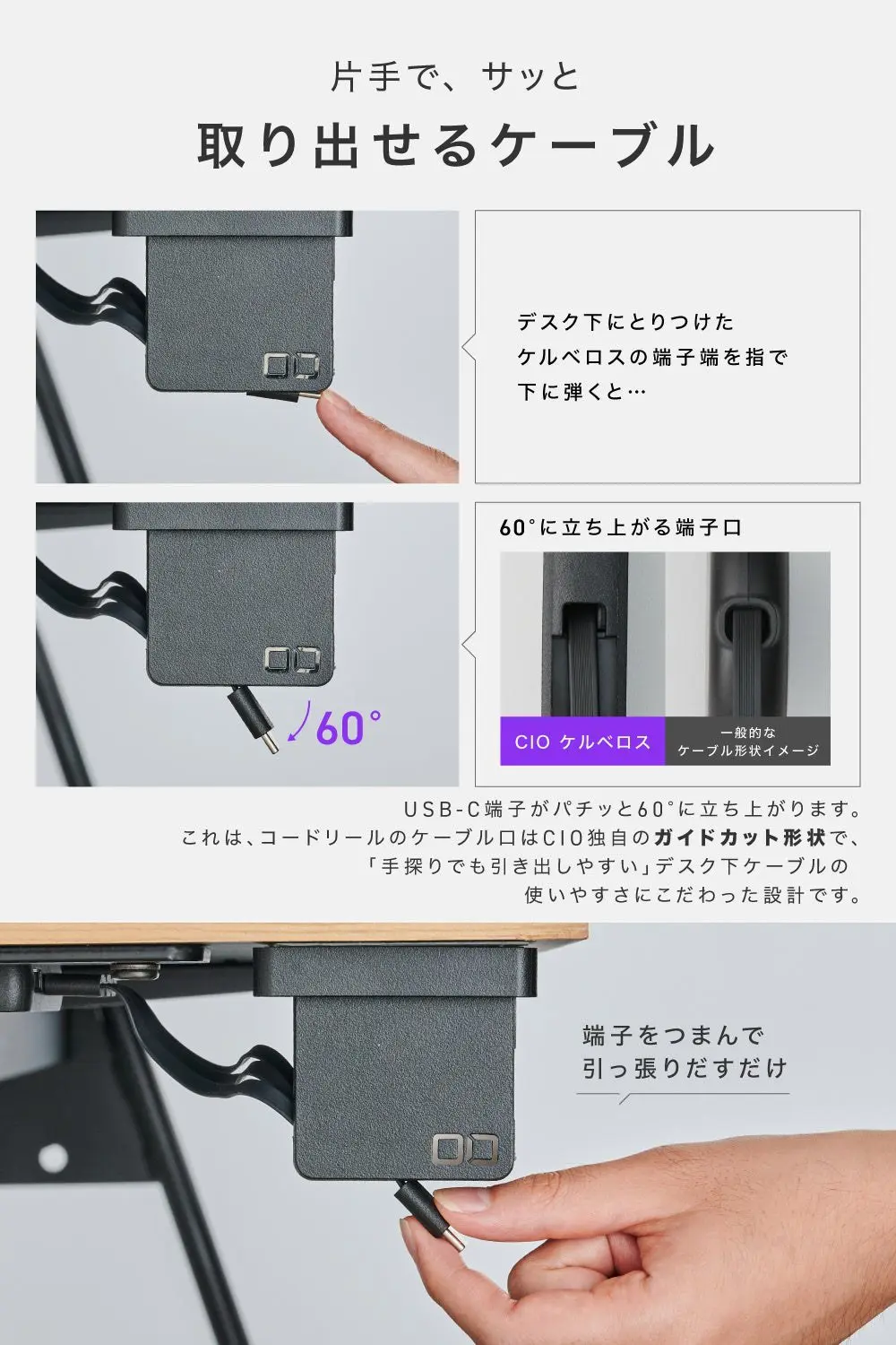 デスク下に取り付けたケルベロスの端子を指で弾くと、USB-C端子が約60度に立ち上がる様子