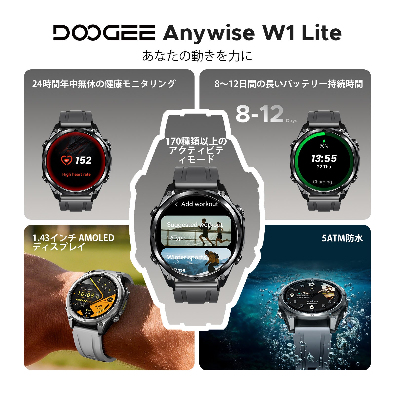 DOOGEE Anywise W1 Liteの特徴をまとめた画像。24時間の健康モニタリング、8〜12日間のバッテリー持続、170種類以上のアクティビティモード、1.43インチAMOLEDディスプレイ、5ATM防水が示されている