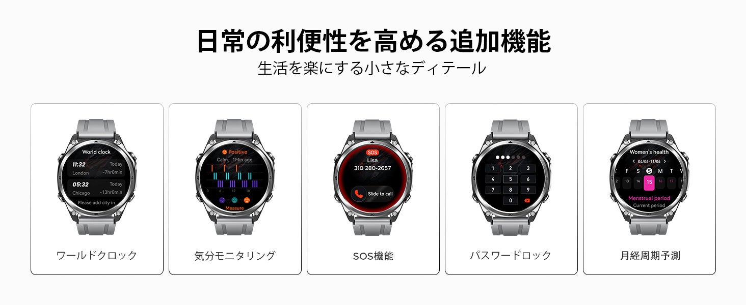 DOOGEE W1 LITEの追加機能。ワールドクロック、気分モニタリング、SOS機能、パスワードロック、月経周期予測の画面