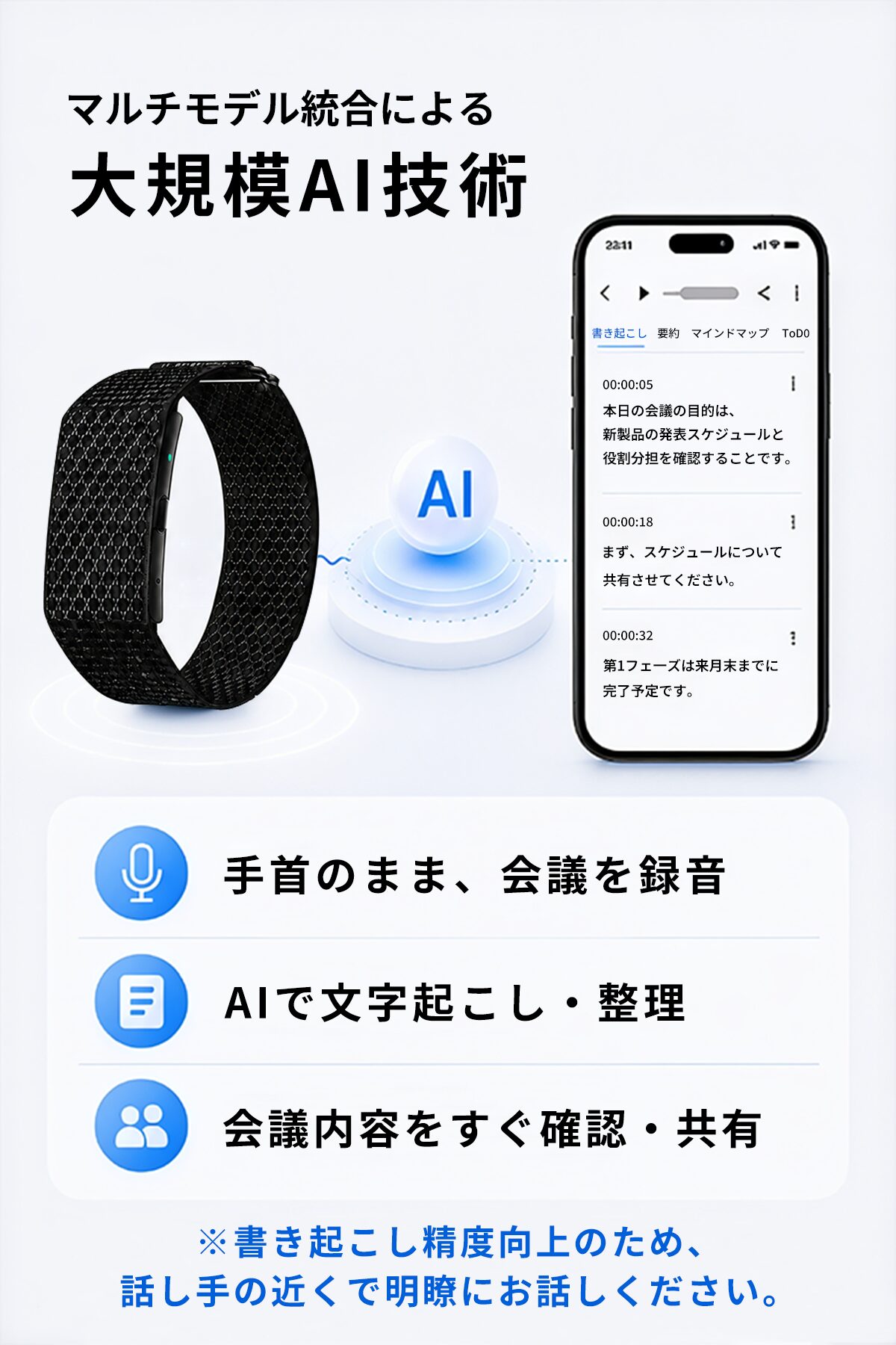 FS100で録音した会議音声をスマートフォンアプリで文字起こしした画面の例