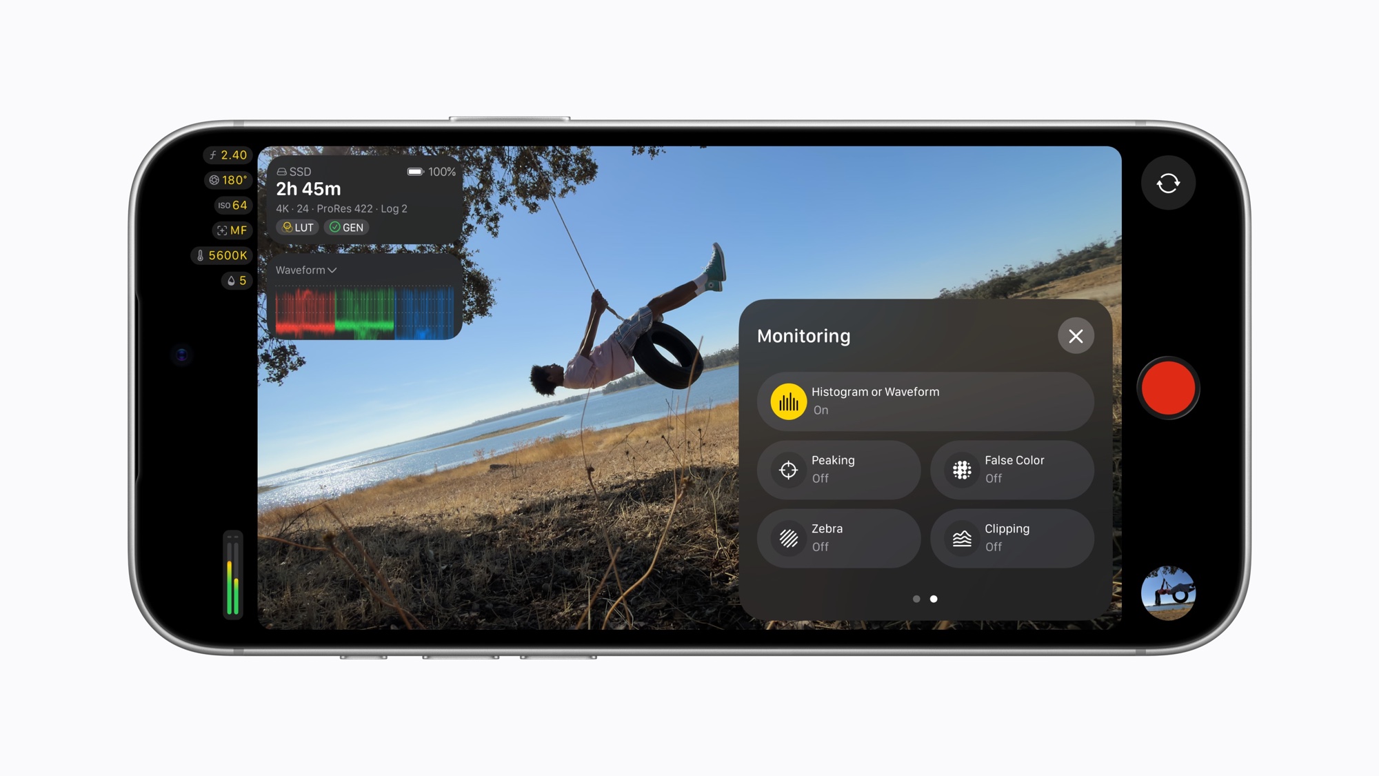iPhone 18 ProのFinal Cut Cameraのモニタリング画面。左上に赤・緑・青の波形、右のメニューにヒストグラムやピーキング、擬色、クリッピングの切り替えが並ぶ