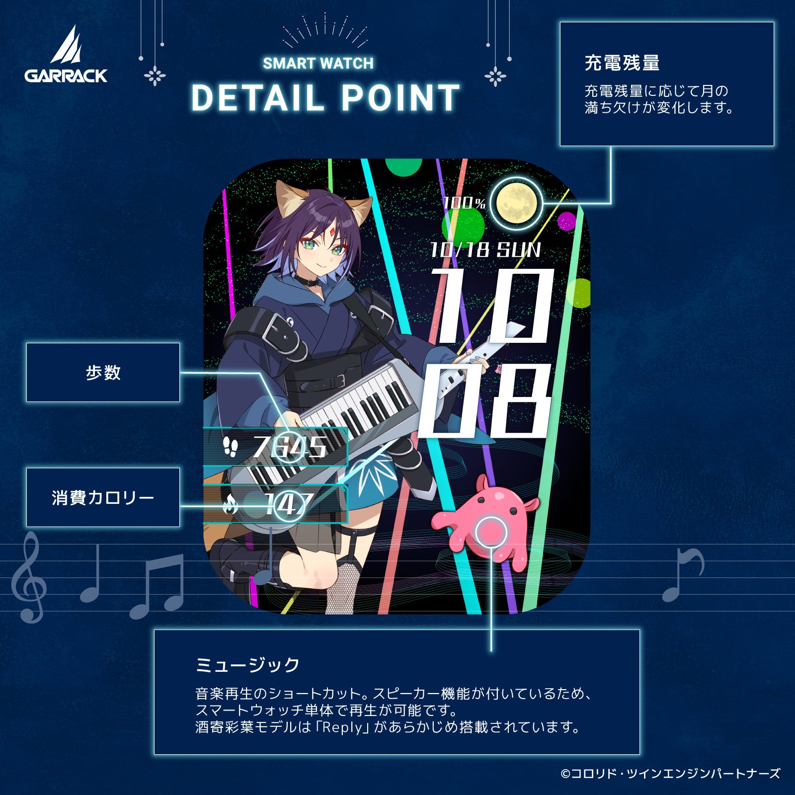 酒寄彩葉 モデルの文字盤の説明図。メンダコのアイコンから音楽再生画面に移り、作中曲「Reply」を再生できる