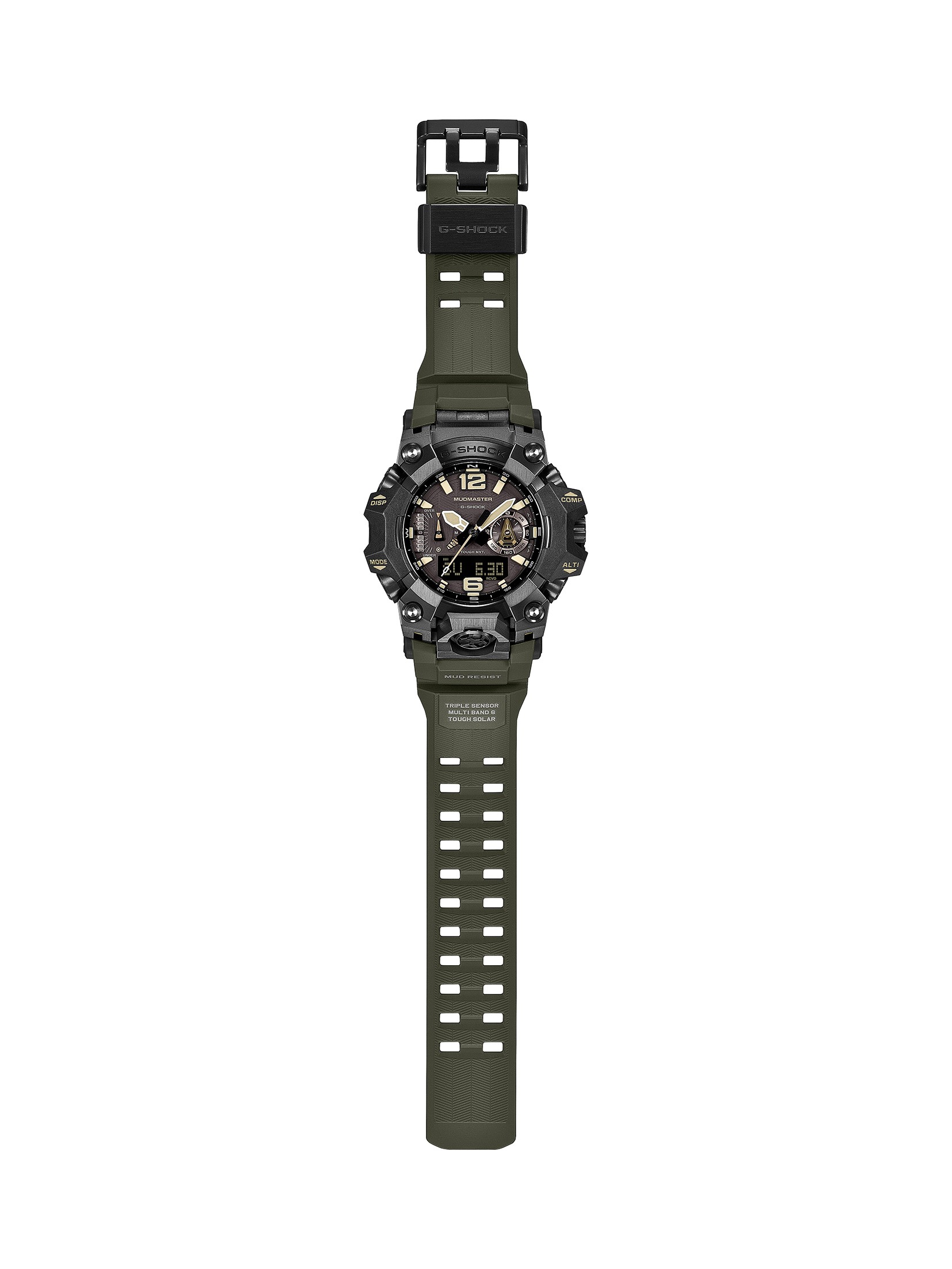 G-SHOCK MUDMASTER GWG-B1000-1A3JFのバンドを伸ばした全体像。オリーブグリーンのバンドにTRIPLE SENSOR、MULTI BAND 6、TOUGH SOLARの表記がある