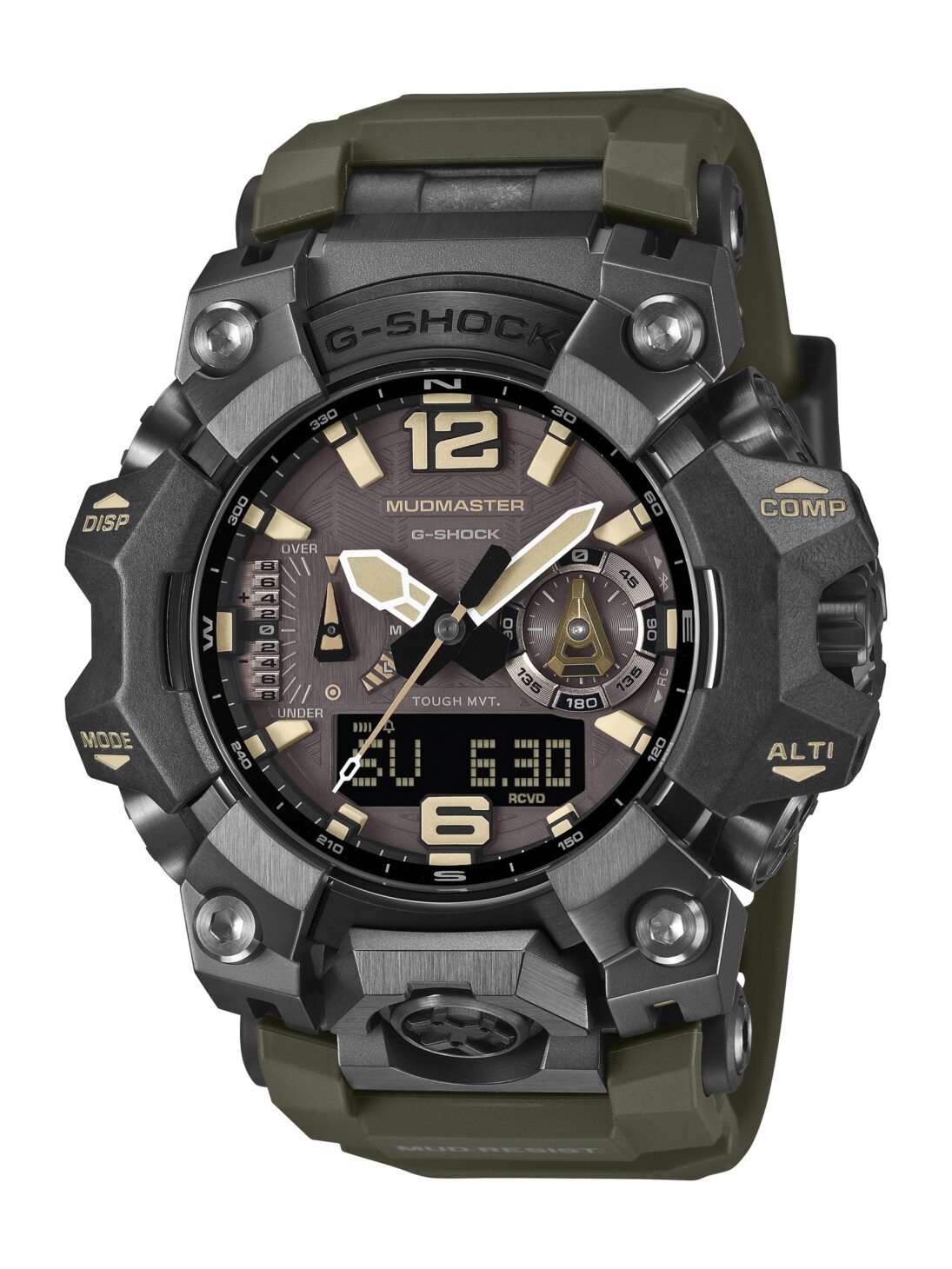G-SHOCK MUDMASTER GWG-B1000-1A3JFの正面。ブラックのケースにオリーブグリーンのバンド、ベージュのインデックスを組み合わせたアナログ・デジタル表示のモデル