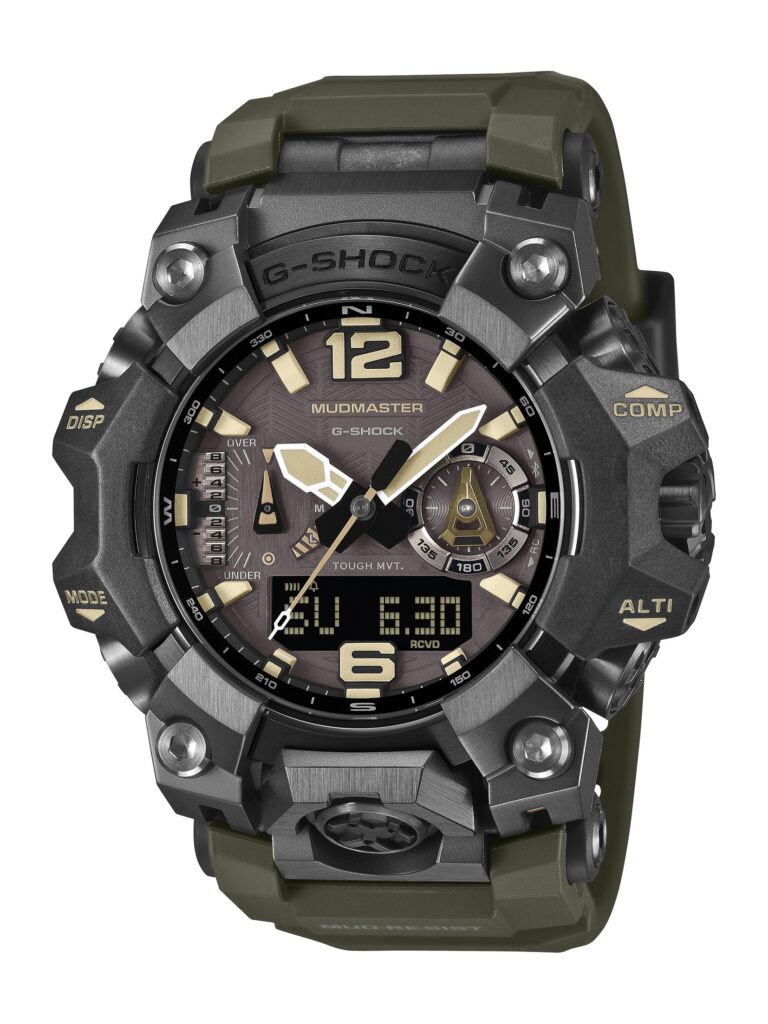 G-SHOCK MUDMASTER GWG-B1000-1A3JFの正面。ブラックのケースにオリーブグリーンのバンド、ベージュのインデックスを組み合わせたアナログ・デジタル表示のモデル
