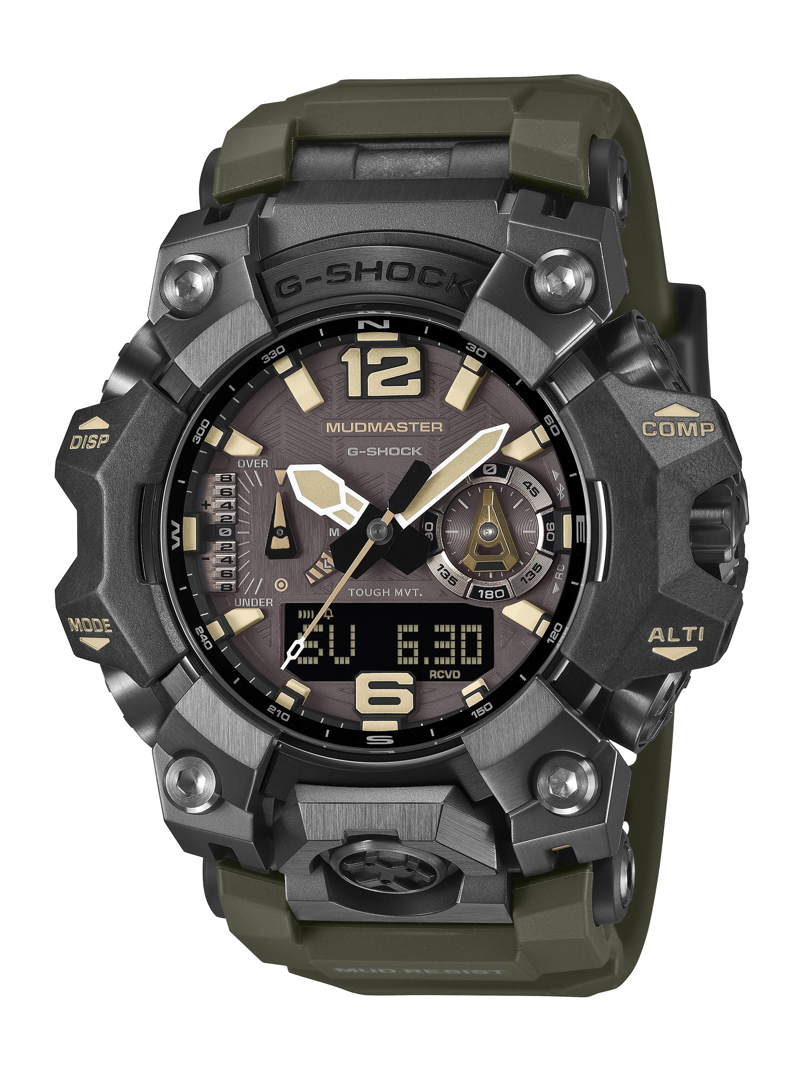 G-SHOCK MUDMASTER GWG-B1000-1A3JFの正面。ブラックのケースにオリーブグリーンのバンド、ベージュのインデックスを組み合わせたアナログ・デジタル表示のモデル