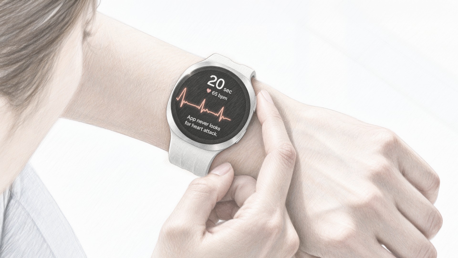 手首のGalaxy Watchのボタンに指を当て、画面に心電図の波形と残り20秒の表示が出ているイメージ