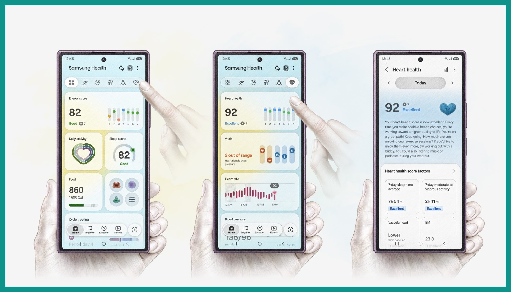 Samsung Healthアプリのホーム画面と心臓の健康スコア92の画面を3台のスマートフォンで並べたイメージ
