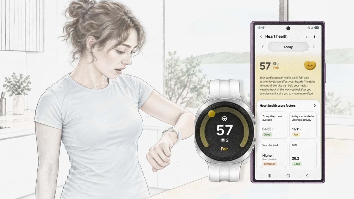 Galaxy Watchの画面に心臓の健康スコア57が表示され、スマートフォンのSamsung Healthに心臓の健康スコアの詳細が並ぶイメージ