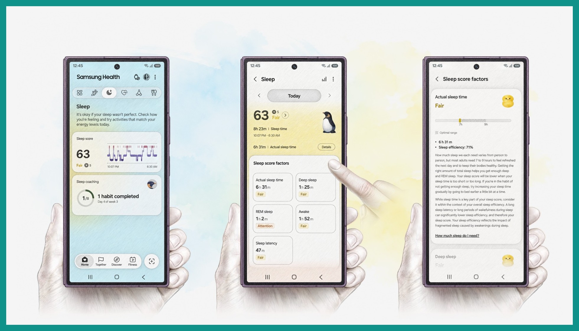 Samsung Healthアプリの睡眠スコア63と睡眠スコアの要素を3台のスマートフォンで並べたイメージ