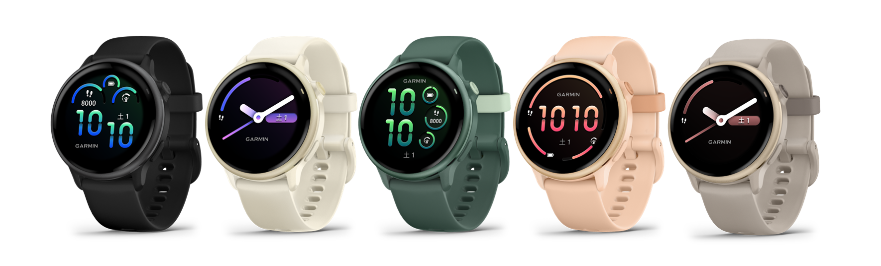vívoactive 6 の5色。左からBlack/Slate、Bone/Lunar Gold、Jasper Green、Pink Dawn、French Gray/Paloma Cream Gold