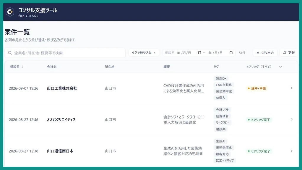 山口県のDX推進拠点Y-BASE向けコンサル支援ツールのプロトタイプ画面。企業ごとの相談案件が一覧で並ぶ