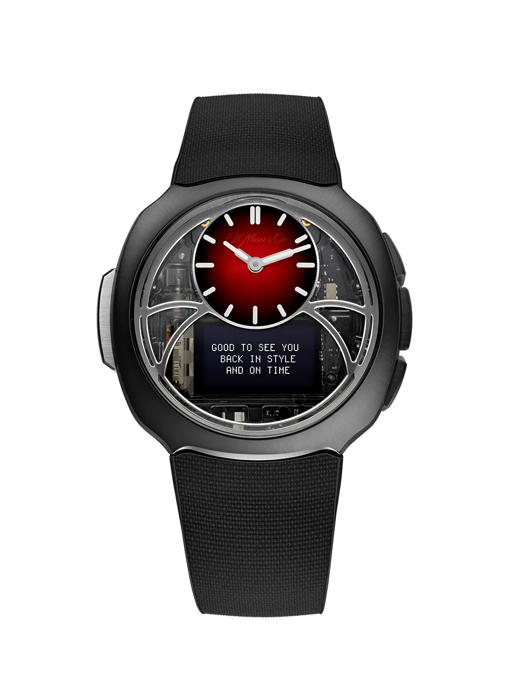 H. Moser & Cie. Off-Grid ブラックの正面。レッドフュメのドームダイヤルとブラックのラバーストラップ