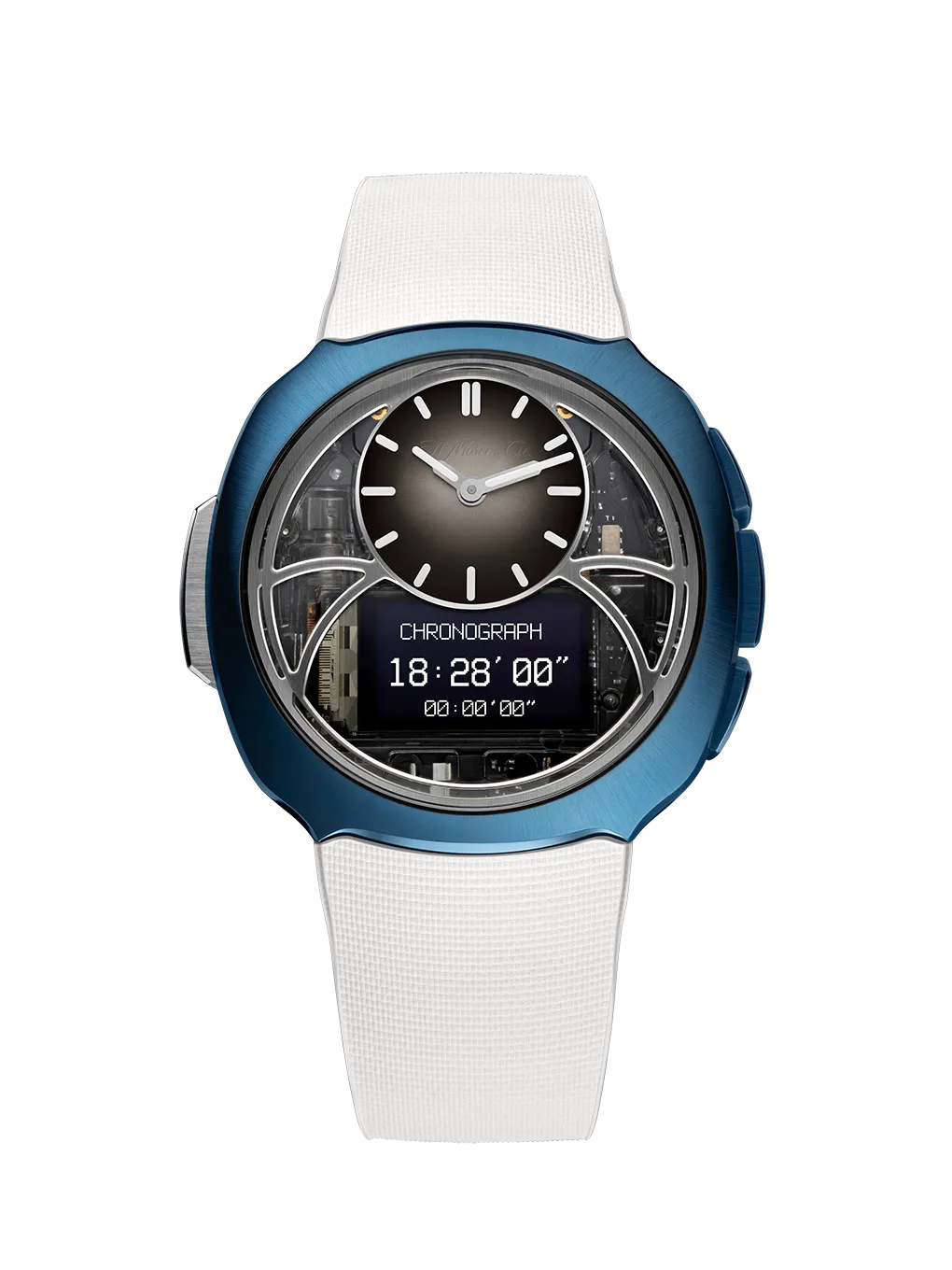 H. Moser & Cie. Off-Grid ブルーの正面。12時位置にドーム型のフュメダイヤル、6時位置にクロノグラフを表示したデジタル画面