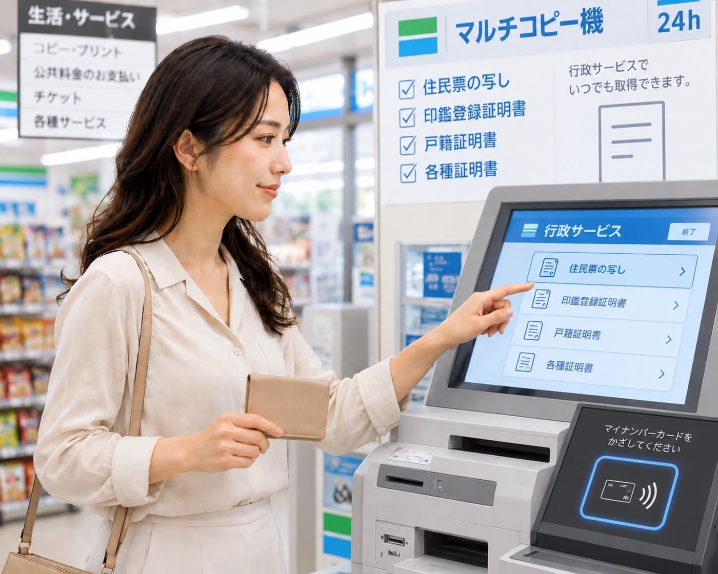 コンビニのマルチコピー機の前で、カードケース「はがくれ」を手に持つ女性