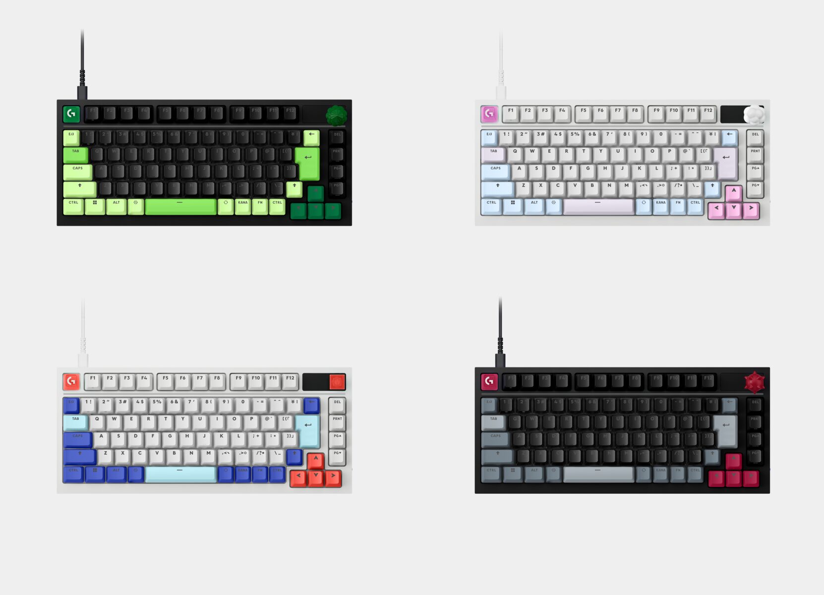 ロジクールGの交換用キーキャップ「G-KEYCAPS」4色。Forest、Cloud、Mecha、Spikeを装着したキーボード