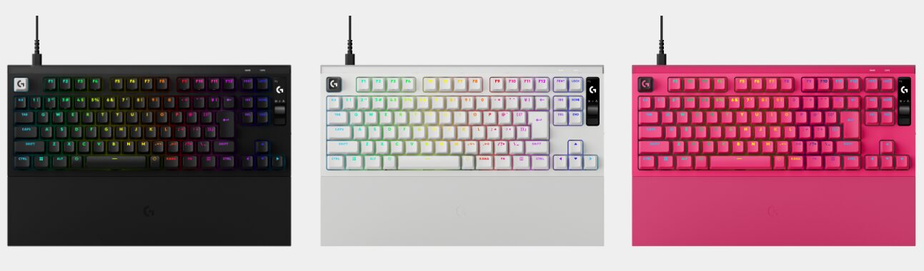 ロジクールG「PRO X2 RAPID」有線ゲーミングキーボードのブラック、ホワイト、ピンク。本体上部に有機ELディスプレイと調整ローラーを搭載
