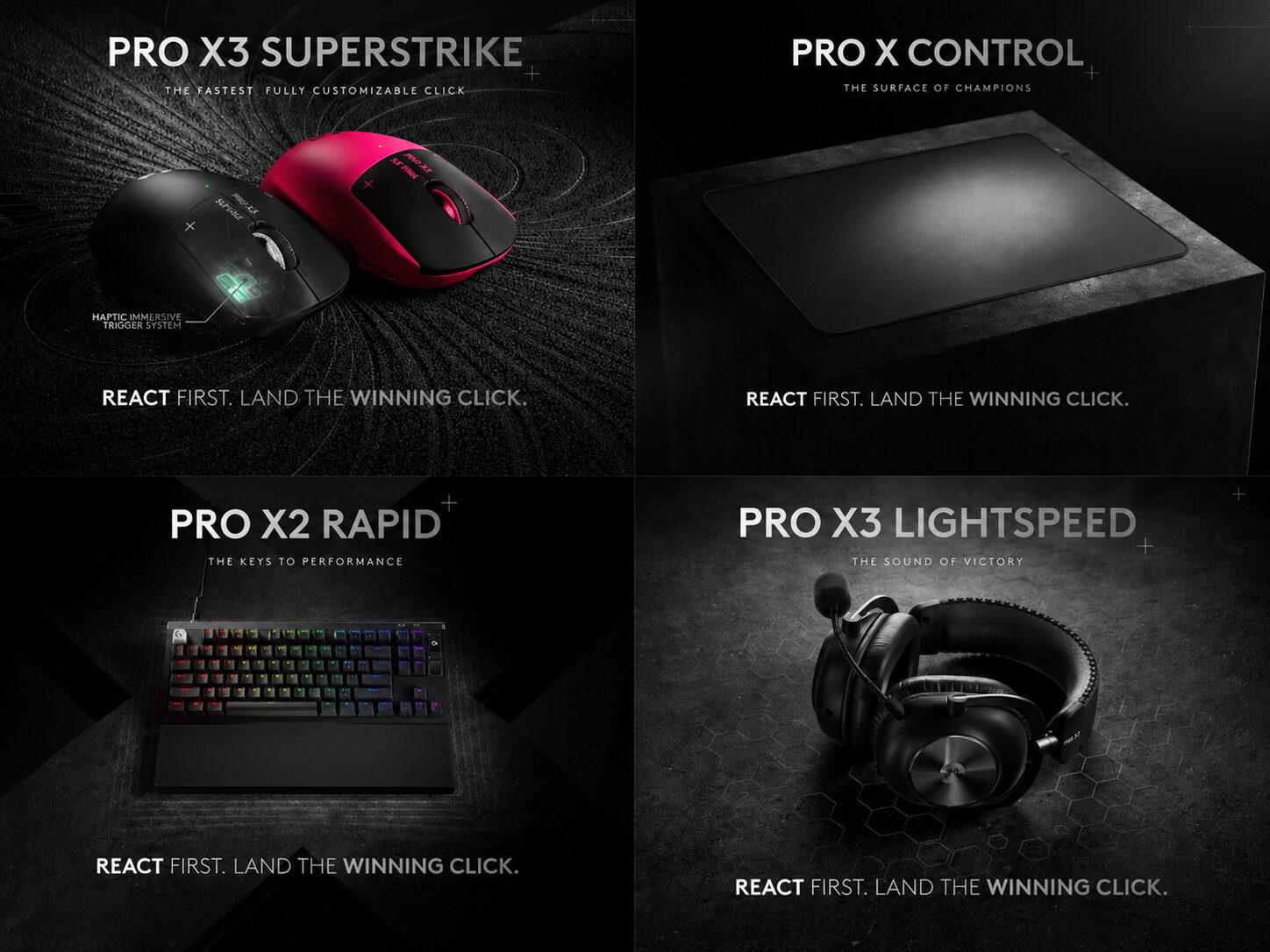 ロジクールG「PRO」シリーズの新製品6機種(マウス4機種・キーボード・ヘッドセット・マウスパッド)を並べたメインビジュアル
