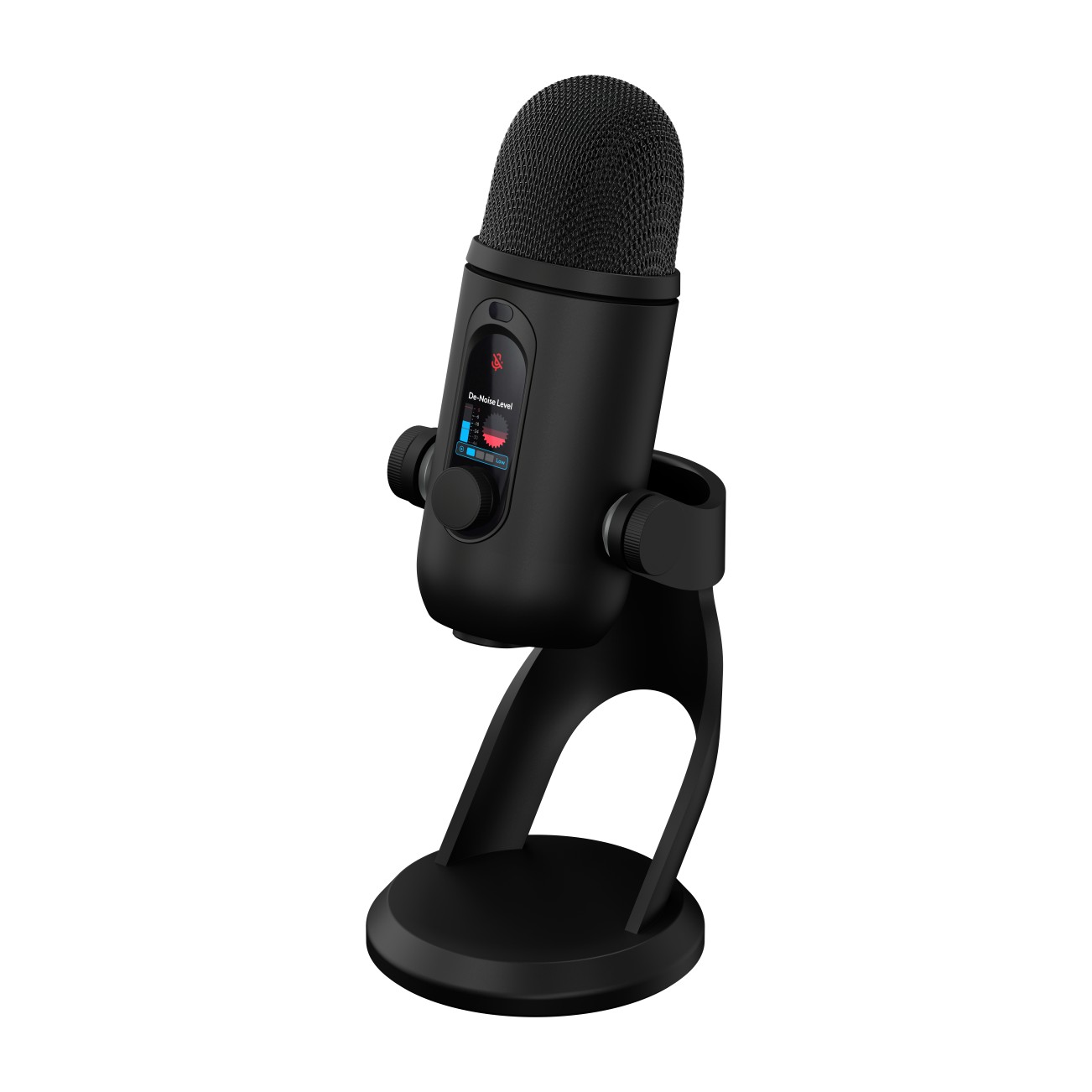 ロジクールG YETI 2のブラックモデル。スタンド付きのUSBマイク本体に音声レベルを表示するディスプレイとダイヤルを搭載