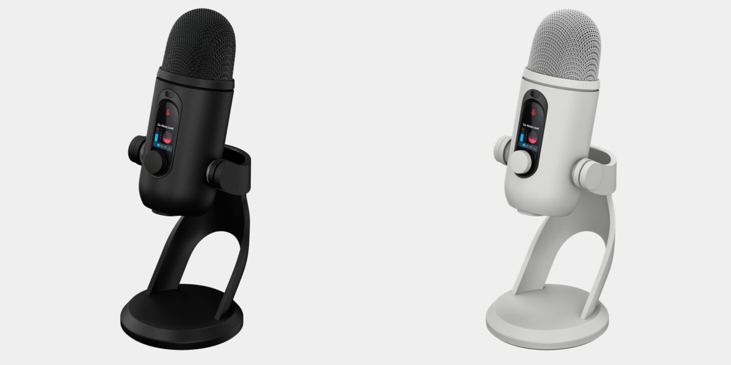 ロジクールGのUSBマイク「YETI 2」のブラックとホワイトを並べた製品画像。本体正面に高解像度ディスプレイを備える