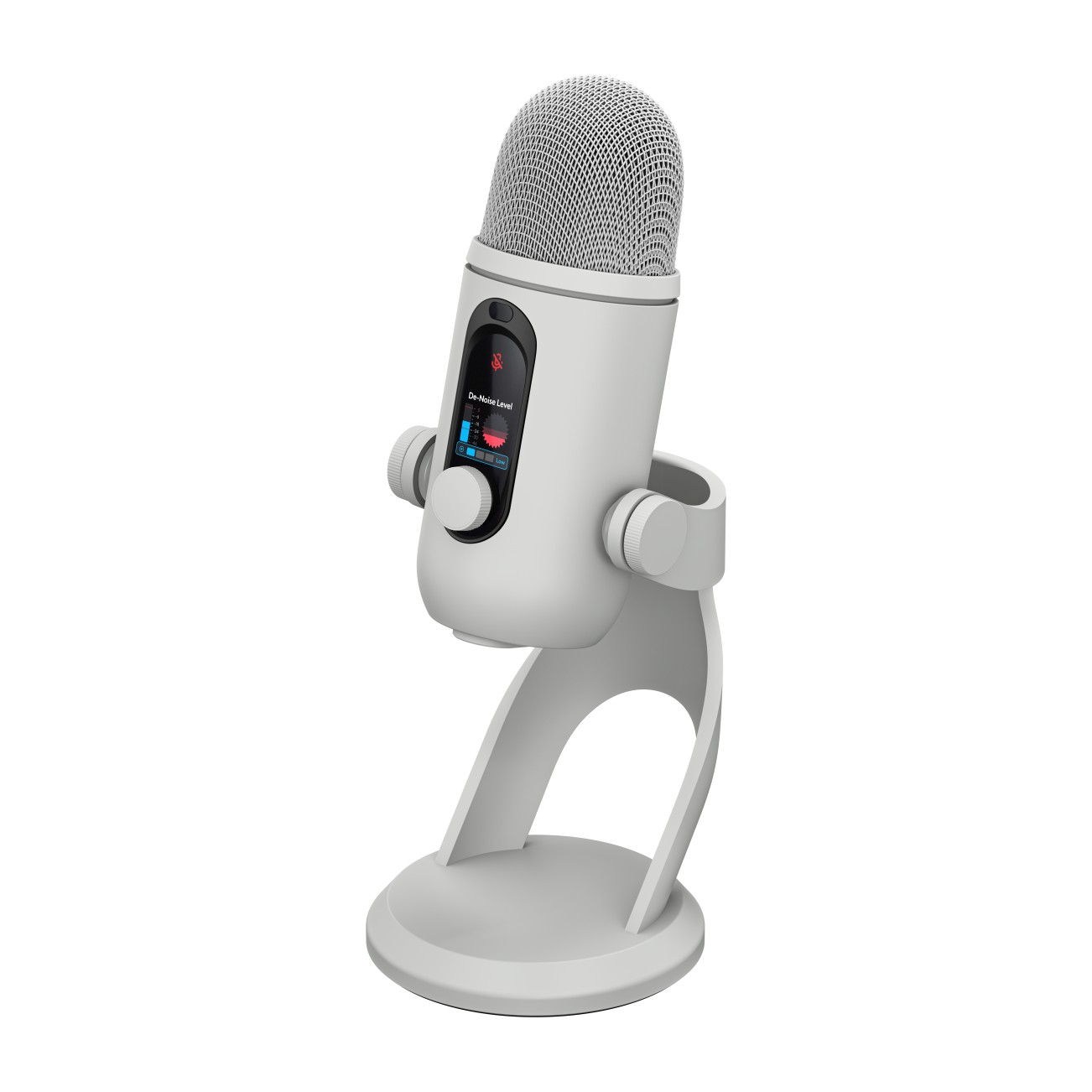 ロジクールG YETI 2のホワイトモデル。白いスタンドと本体に、音声レベルや設定を表示するディスプレイを備えたUSBマイク