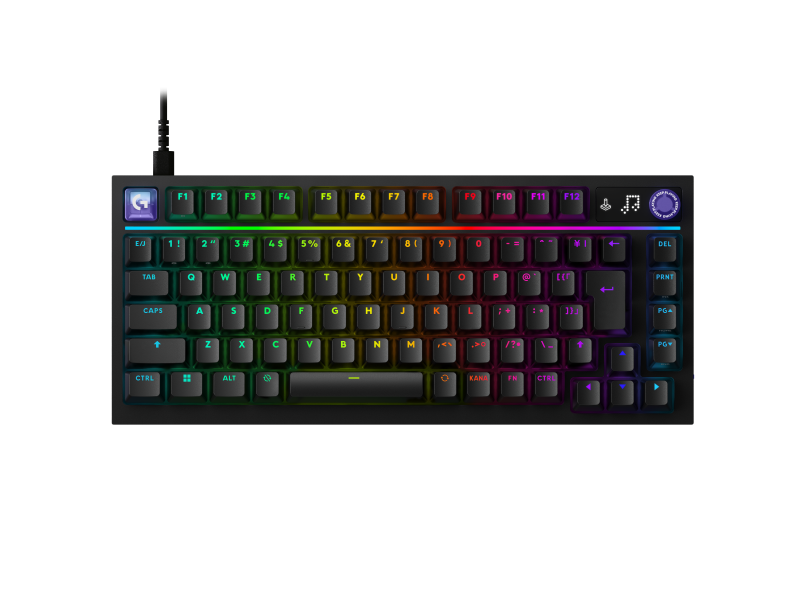 ロジクールG「G316 X 75」ブラックの上面。日本語配列の75%レイアウトと右上のドットマトリックスLEDディスプレイ、コントロールノブ