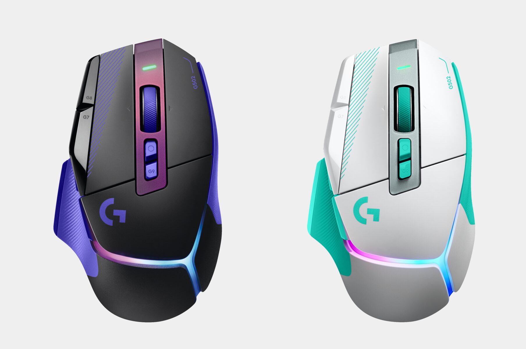 ロジクールGのワイヤレスゲーミングマウス「G502 X PLUS」の新色ダークライラックとミントグリーンを並べた製品画像