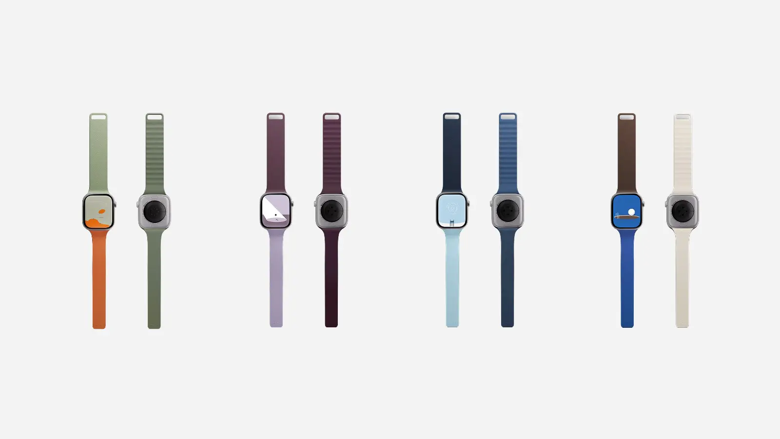 MOFT Apple Watch用マグネット式シリコンバンド Activeの4色。左からセージグリーン×サンライズオレンジ、ブラックベリー×ラベンダー、ディープブルー×ミストブルー、カカオブラウン×サファイアブルーが並んでいる