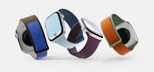 MOFT Apple Watch用マグネット式シリコンバンド ActiveをApple Watchに装着した4本。上下でベルトの幅が違い、内側と外側で色が変わっているのが分かる