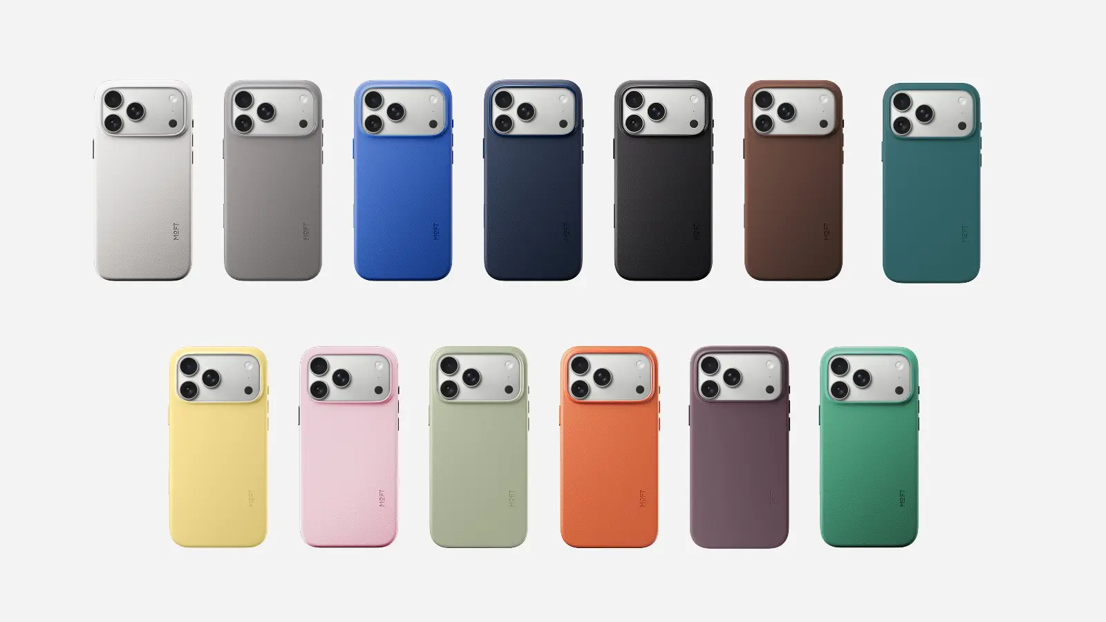 MOFTのiPhone 18シリーズ対応MOVAS™レザーケースのカラーバリエーション13色をiPhoneに装着した状態で並べたところ