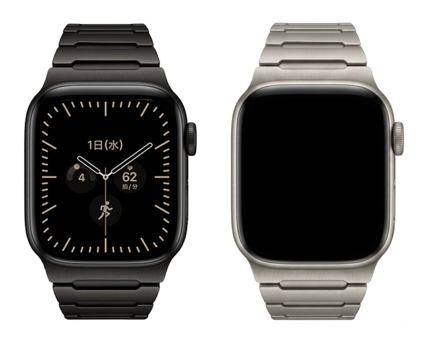 MinZ METEORのブラック(左)とナチュラル(右)をApple Watchに装着して並べた製品画像