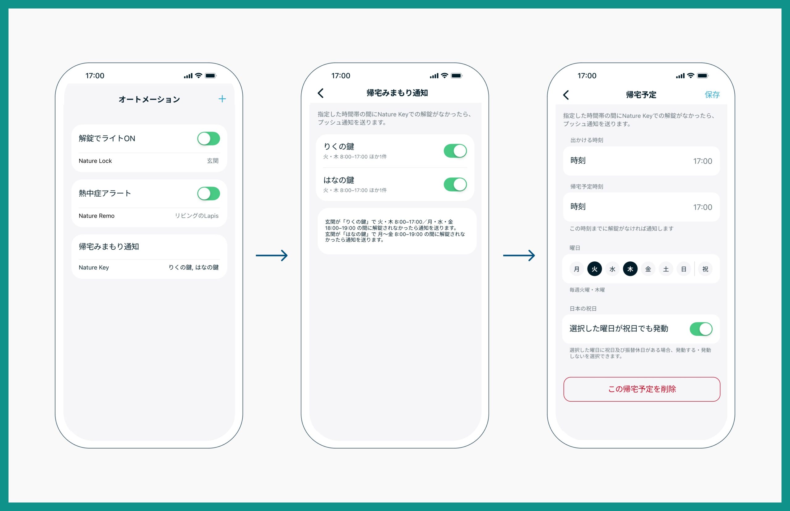 Nature Homeアプリのオートメーション一覧、帰宅みまもり通知の鍵別設定、曜日と時刻を指定する帰宅予定の設定画面