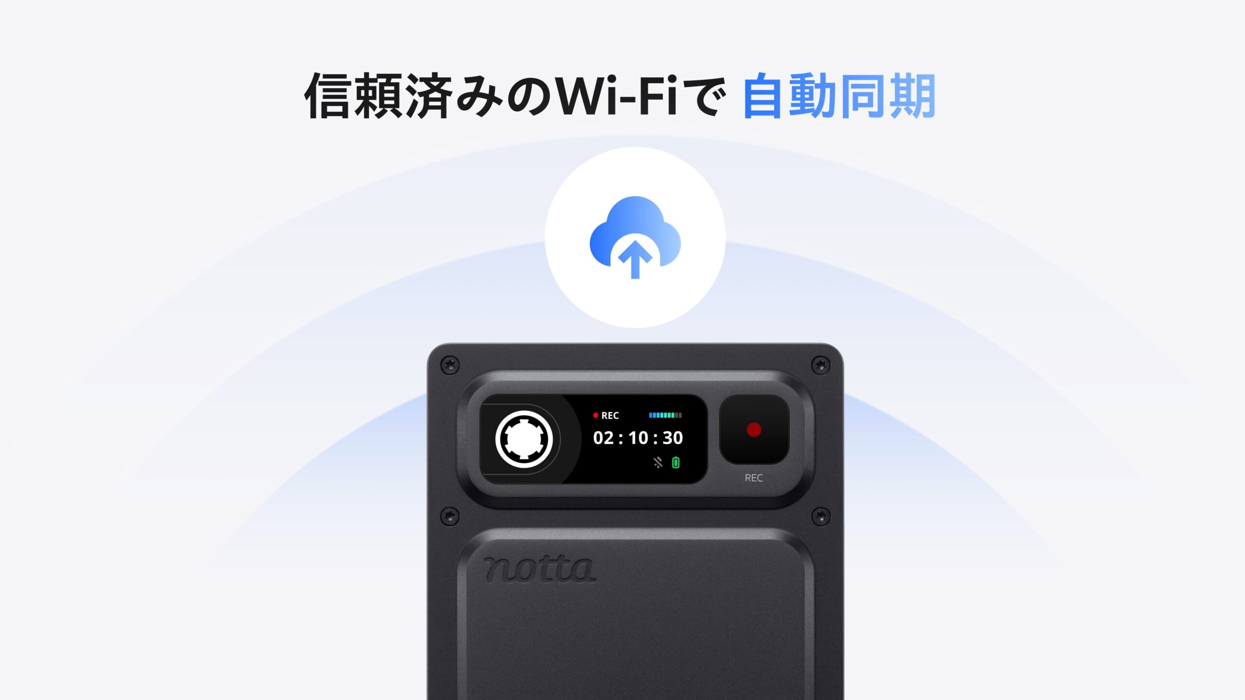 信頼済みのWi-Fi環境に戻ると録音データがNottaへ自動で同期される仕組みを示した図