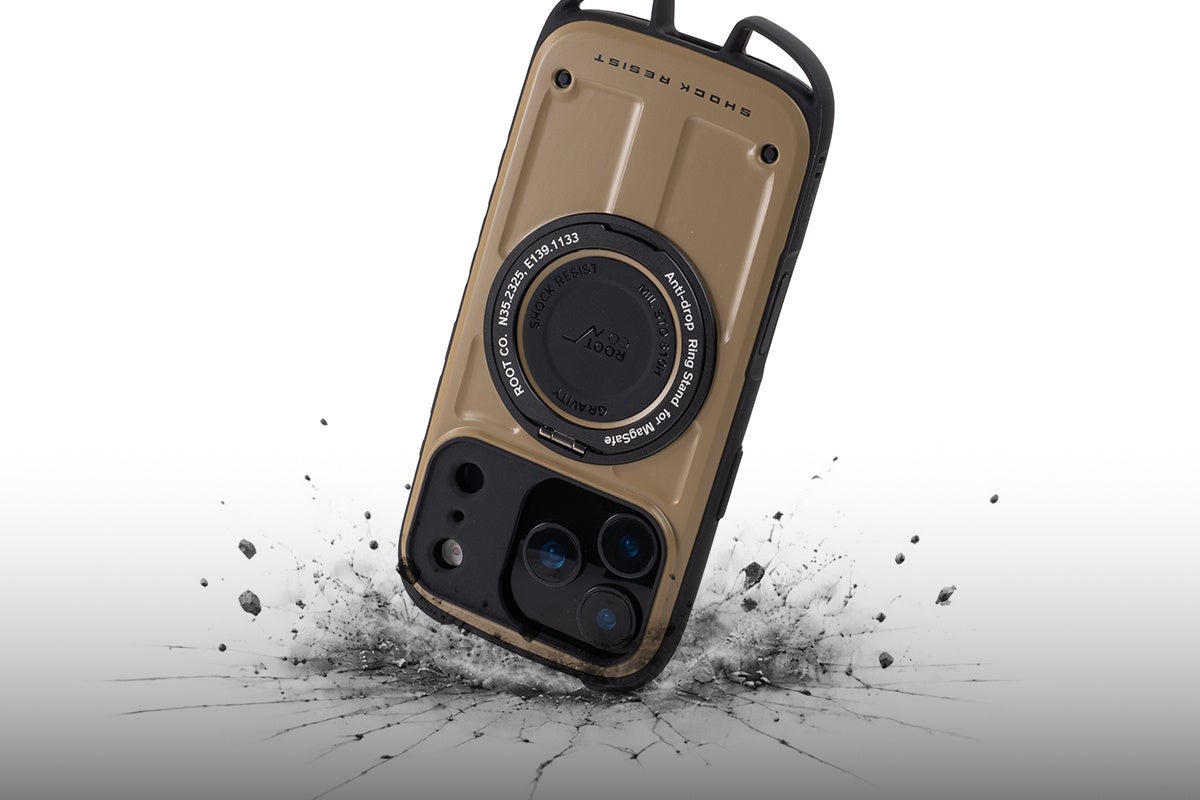 ROOT CO. GRAVITY Shock Resist Case Rugged Plus.。背面にMagSafe対応のリングスタンド、下部にカラビナを通すループを備えた耐衝撃ケース